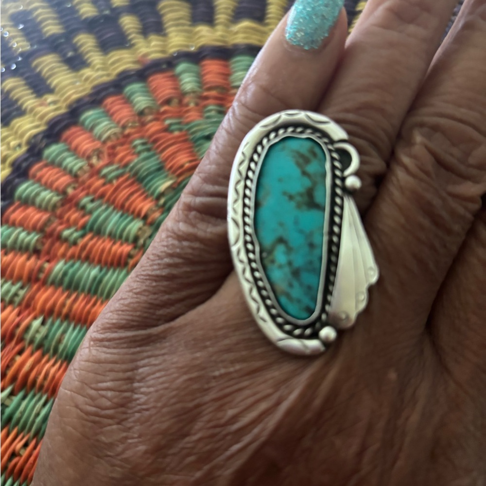 Blue and Orange Statement Cuff Bracelet with Turquoise/wt turquoise ring - Picture 3 of 11